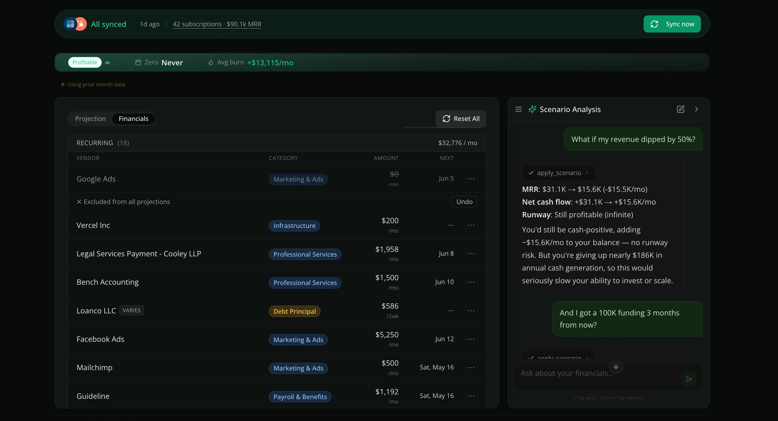 Zensus cash flow dashboard alternate view
