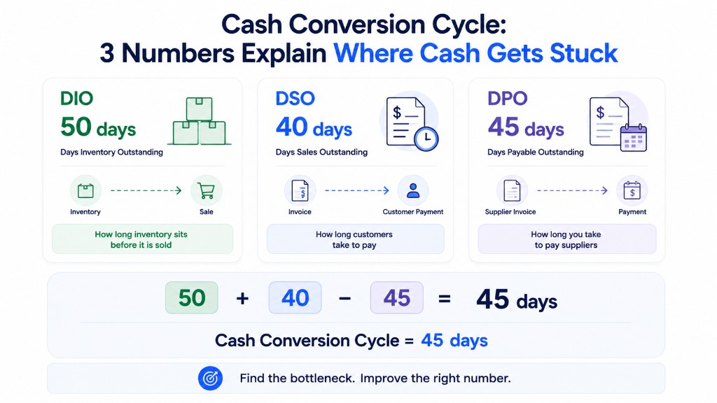 Cash conversion cycle example: Days Inventory Outstanding 50 days, Days Sales Outstanding 40 days, Days Payable Outstanding 45 days, equals a 45-day CCC