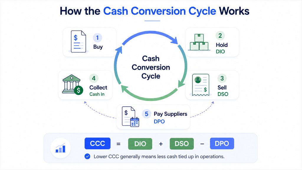 Cash conversion cycle flow: buy inventory, hold inventory (DIO), sell and invoice (DSO), collect cash, and pay suppliers (DPO), with the formula CCC equals DIO plus DSO minus DPO