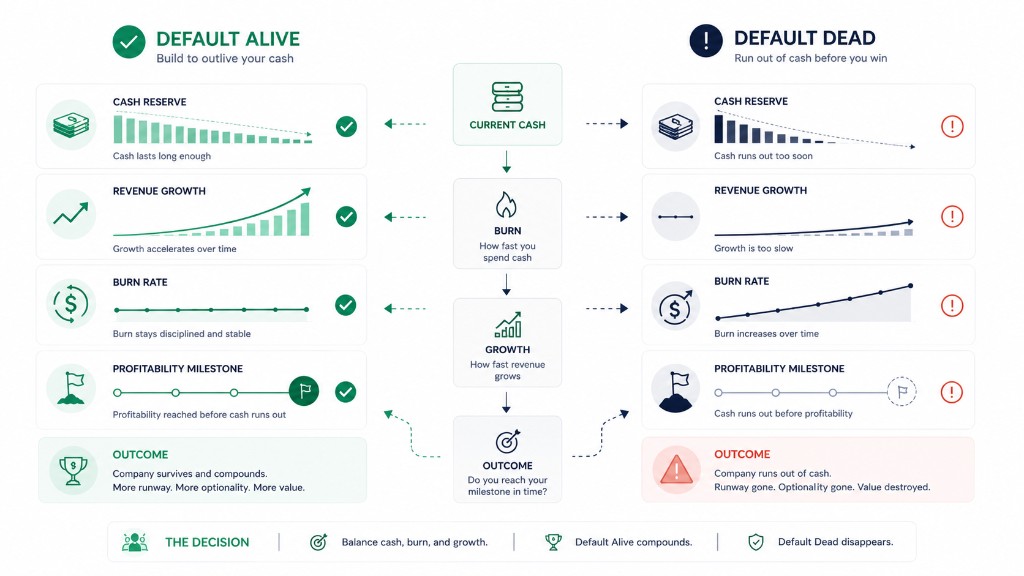 Side-by-side comparison of default alive versus default dead: cash reserve, revenue growth, burn rate, and whether profitability arrives before cash runs out