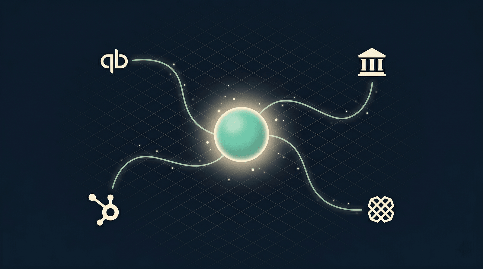 Illustration of an AI agent represented as a glowing teal orb at the center, extending four curving light threads outward to small monochrome icons for QuickBooks, a bank, HubSpot CRM, and Plaid, showing how an AI agent reaches into a finance stack.