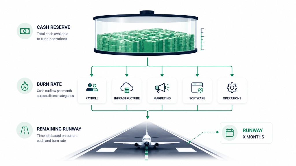 Cash reserve flowing into monthly burn across payroll, infrastructure, marketing, software, and operations, then converting to remaining runway in months