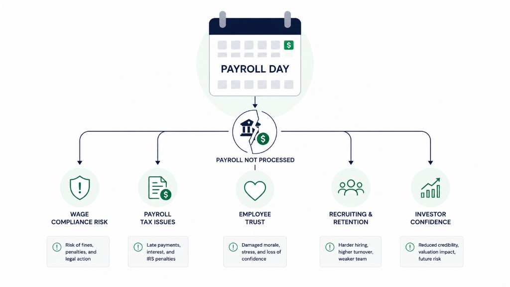 Payroll not processed flowchart showing wage compliance risk, payroll tax issues, employee trust damage, recruiting and retention problems, and investor confidence impact