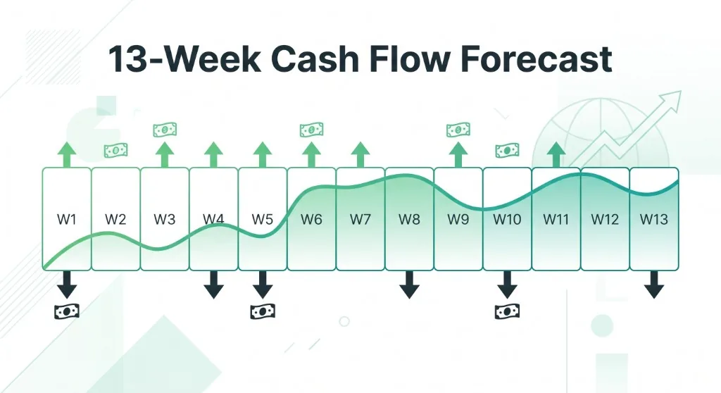 13-week cash flow forecast timeline with weekly inflows and outflows across W1 to W13 for SaaS liquidity planning