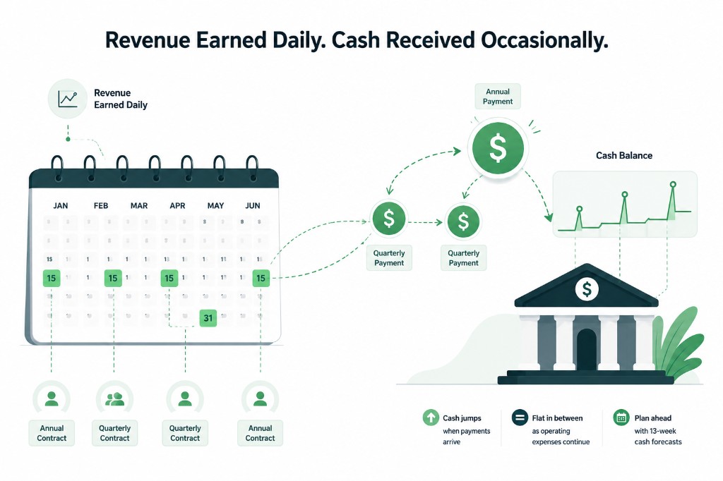 SaaS revenue earned daily versus cash received occasionally from annual and quarterly contracts, showing timing impact on cash balance