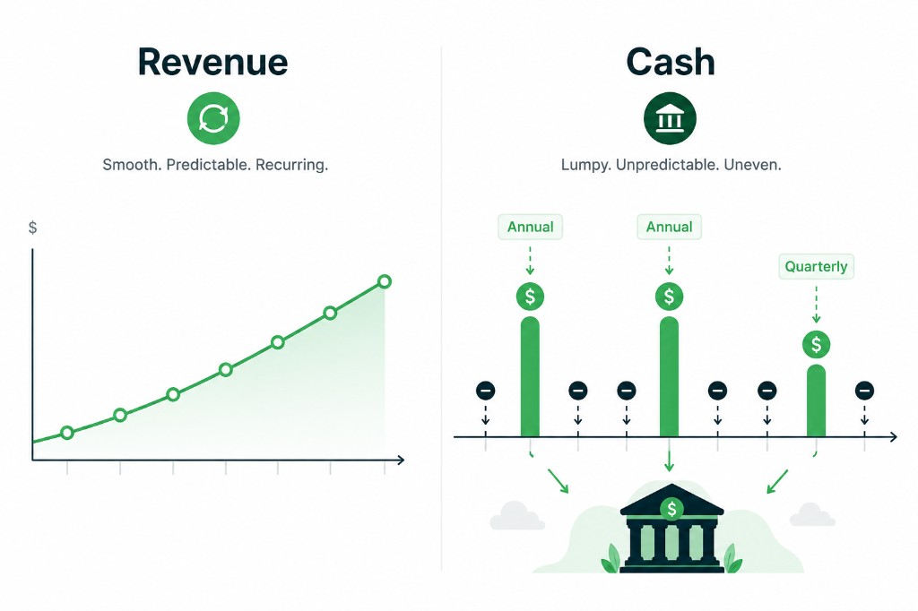 Comparison chart showing smooth recurring SaaS revenue versus lumpy cash receipts from annual and quarterly billing cycles