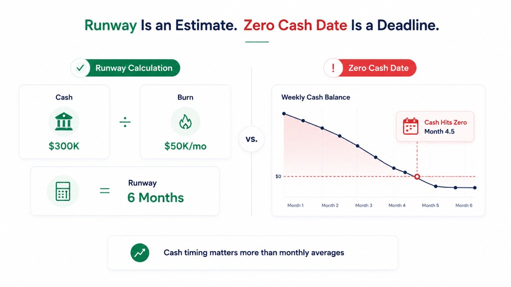 Runway versus zero cash date comparison: $300K cash divided by $50K monthly burn suggests six months, but weekly cash balance hits zero at month 4.5